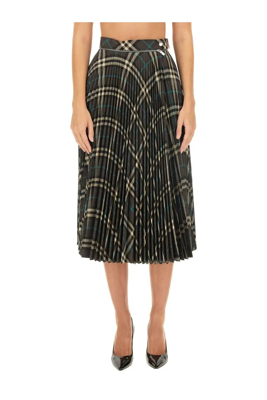 Burberry women’s squared skirt multicolor black and beige plaid pleated midi skirt with matching belt