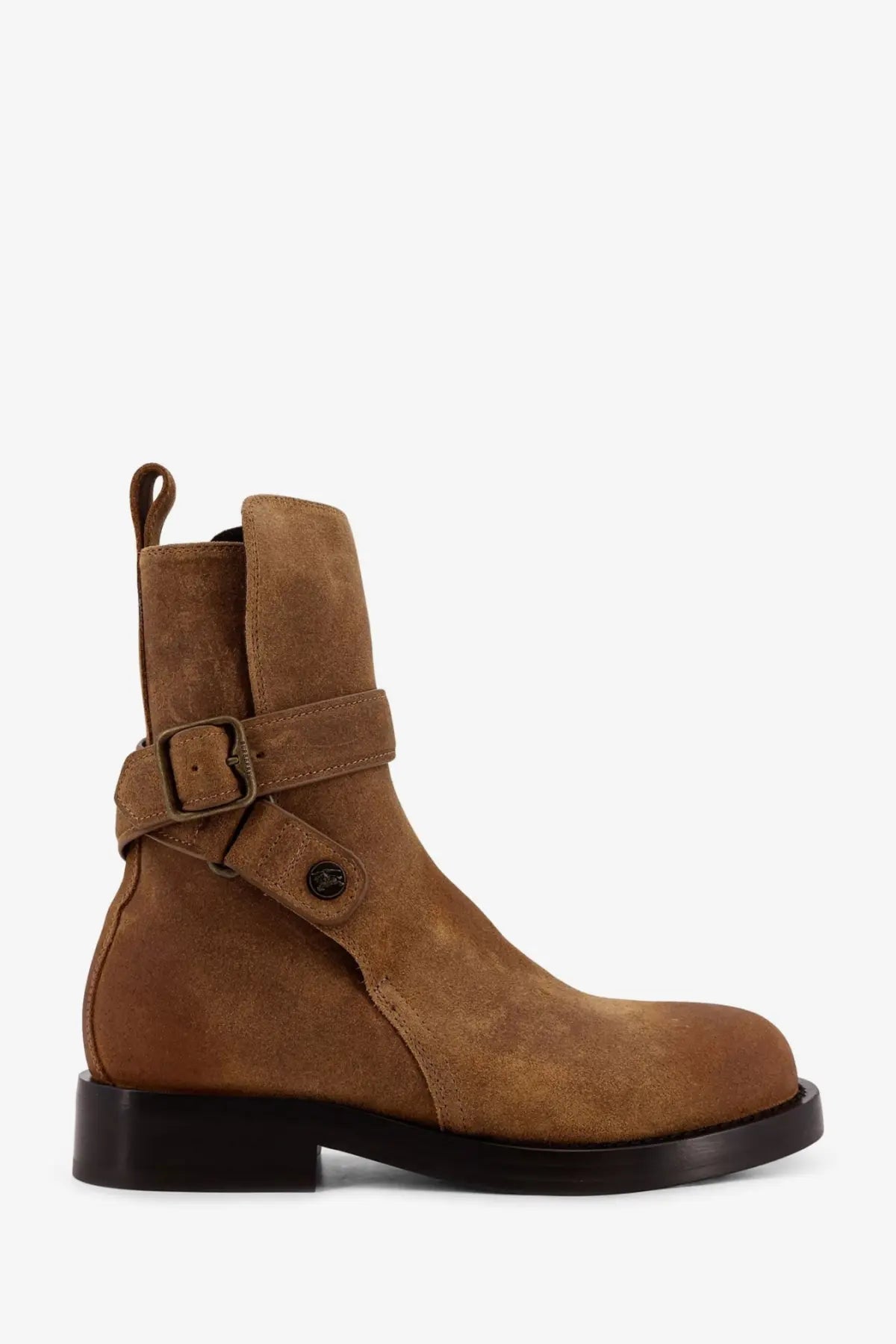 Burberry women’s suede ankle boot in tan with black buckle strap and dark brown rubber sole for boat wear