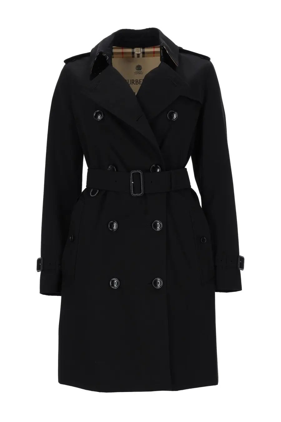 Burberry women’s black trench doppiopetto kensington coat with double-breasted buttons and belted waist