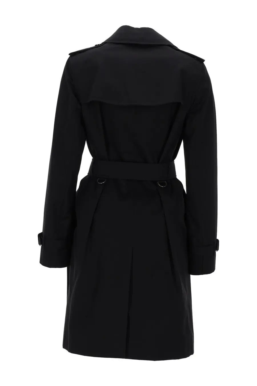 Burberry women’s black trench doppiopetto Kensington with structured collar belted waist and epaulets in classic design