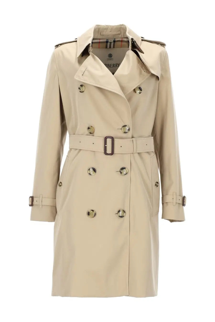 Burberry women’s trench heritage Kensington beige trench coat with belted waist silver buttons and military-style epaulets