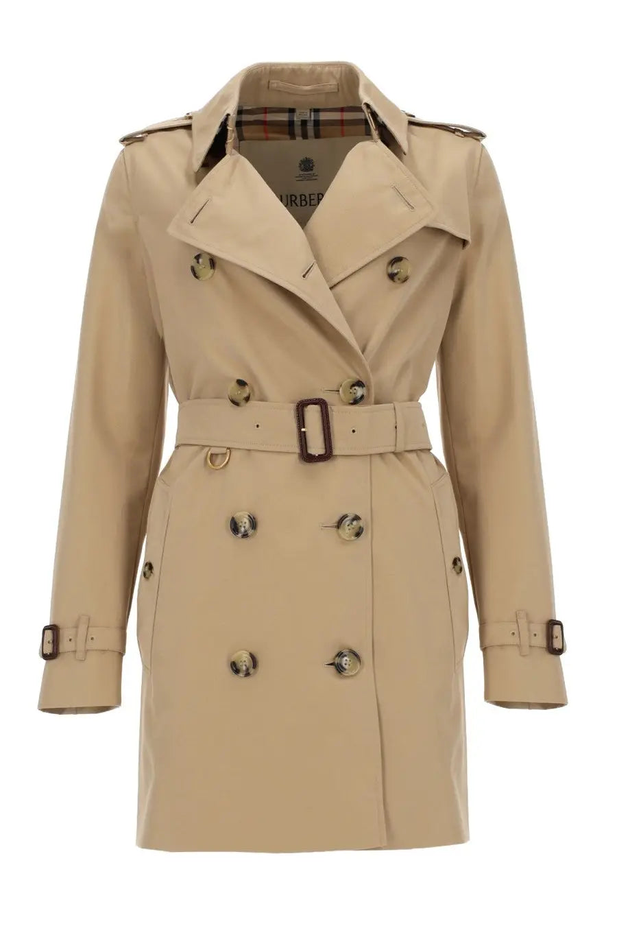 Burberry women’s trench heritage Kensington Corto beige trench coat with double-breasted design brass buttons and matching belt