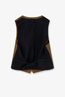 Black and tan sleeveless burberry womens vest with tied waist made of wool and mohair in brown