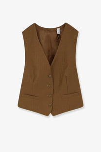 Burberry women’s Warren wool and mohair vest in camel with v neckline and four matching front buttons