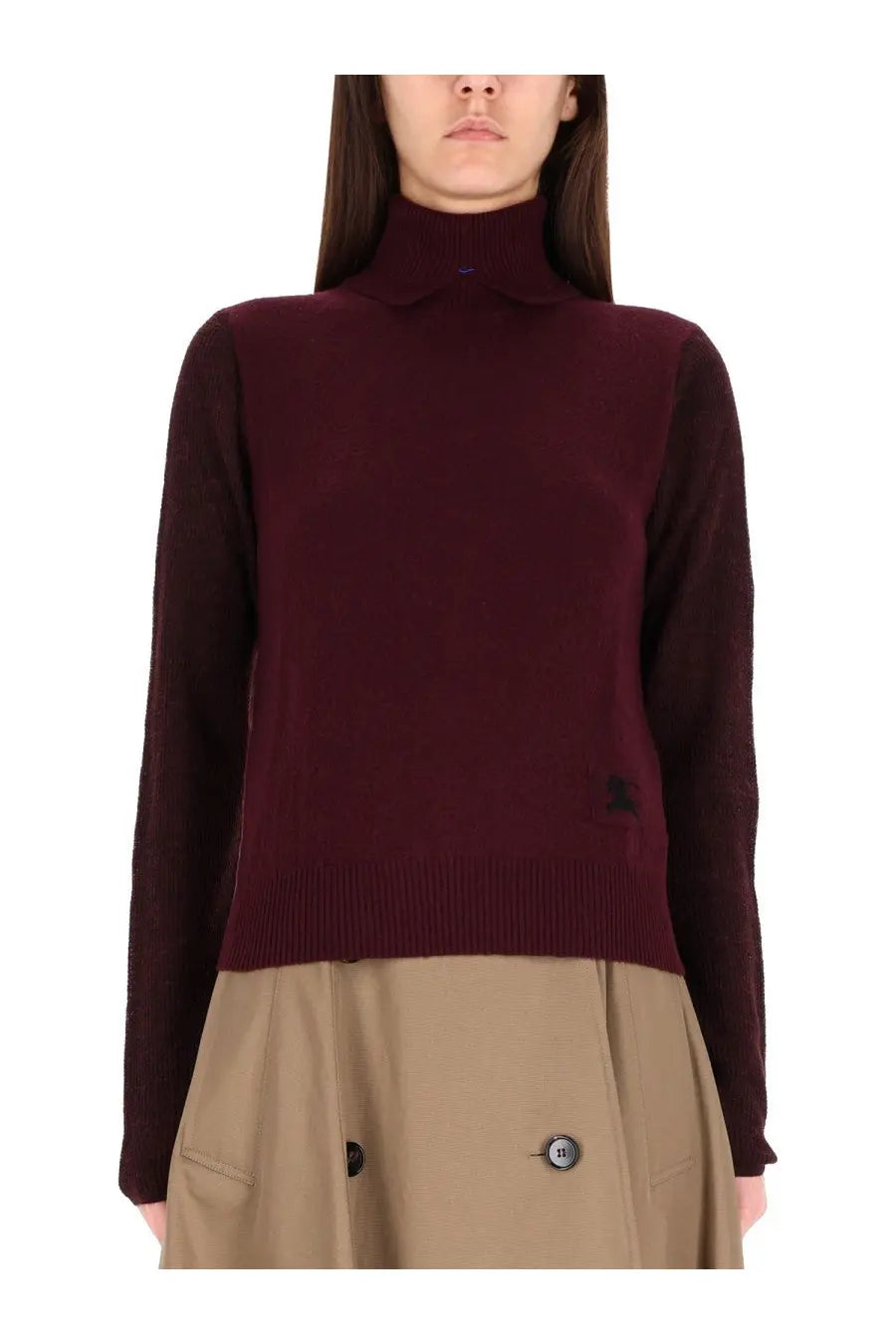 Burberry women’s red wool blend pullover with burgundy turtleneck sweater and black logo patch on hem