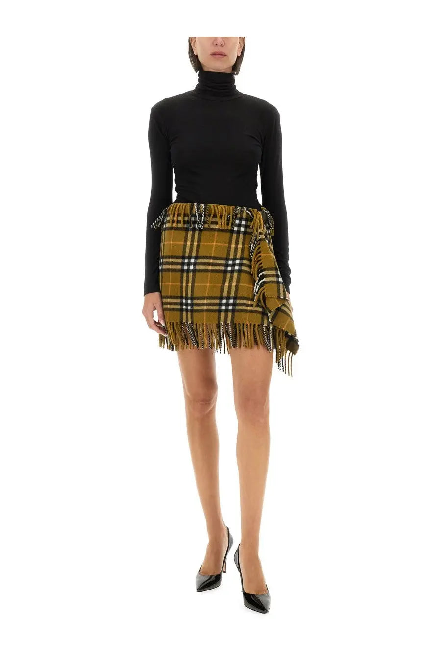 Burberry women’s wool and cashmere mustard yellow and black plaid mini skirt with fringe detailing multicolor