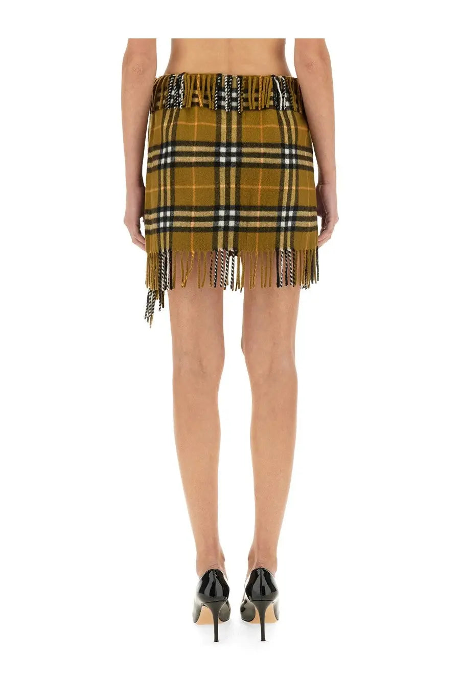 Burberry women’s wool and cashmere olive and black plaid mini skirt with fringe detailing at the hem