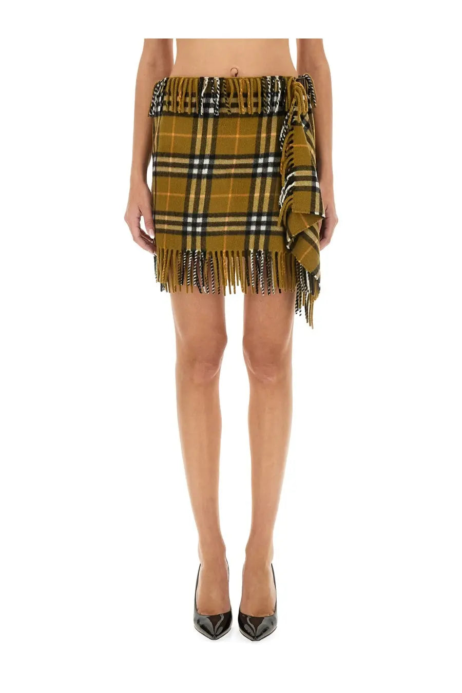 Olive and black plaid wool and cashmere mini skirt with fringe detailing from burberry womens collection