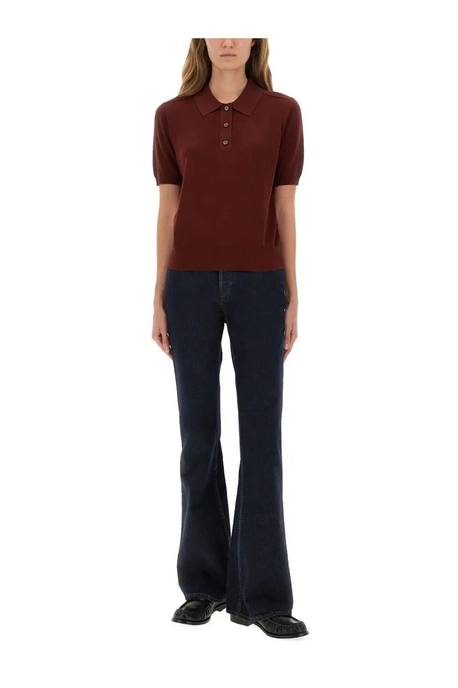 Burberry women’s wool polo red short-sleeved knit shirt with classic collar and buttoned placket in burgundy