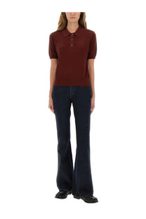 Burberry women’s wool polo red short-sleeved knit shirt with classic collar and buttoned placket in burgundy