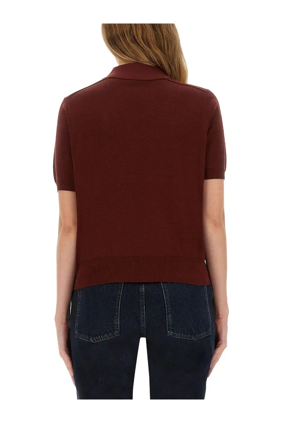 Burberry women’s wool polo red rich burgundy short-sleeved knit cardigan with classic collar and ribbed hem
