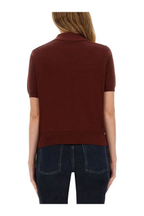 Burberry women’s wool polo red rich burgundy short-sleeved knit cardigan with classic collar and ribbed hem