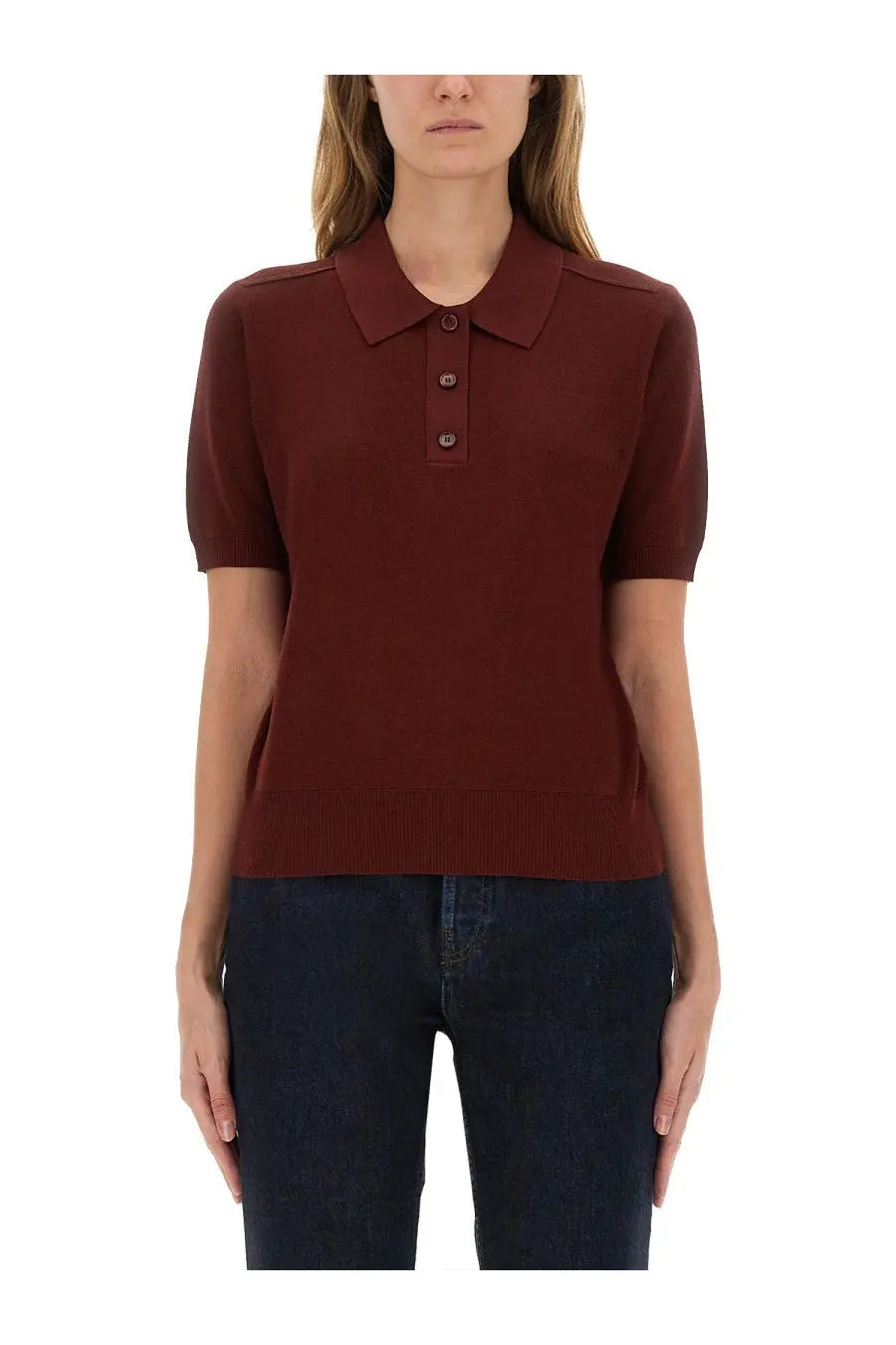Burberry women’s wool polo red with rich burgundy short sleeves classic collar and three matching buttons
