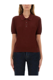 Burberry women’s wool polo red with rich burgundy short sleeves classic collar and three matching buttons