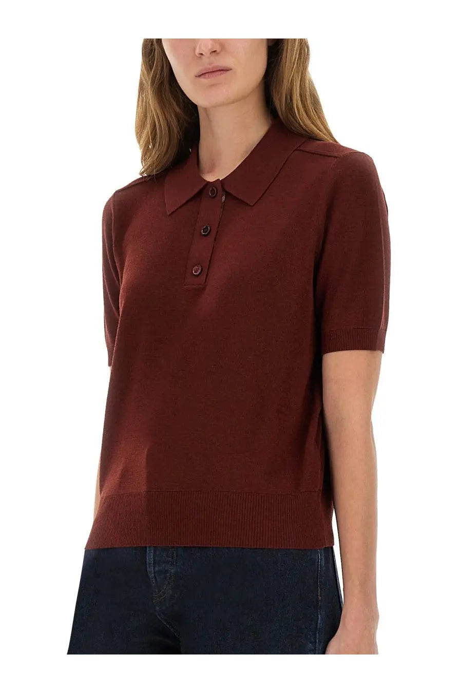 Burberry women’s wool polo red rich burgundy short-sleeved knit shirt with classic collar and button placket