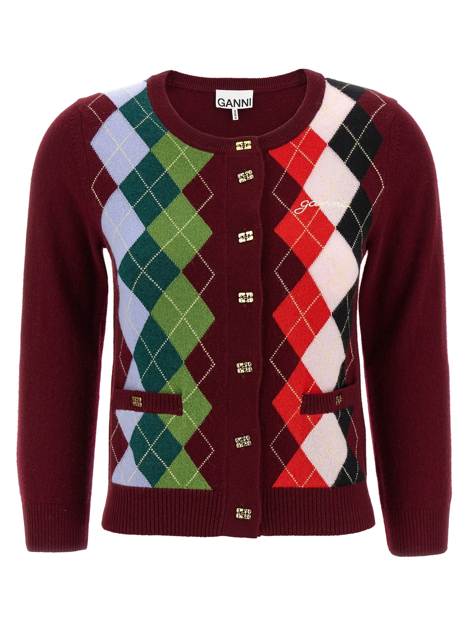 Ganni Burgundy Check Cardigan Red