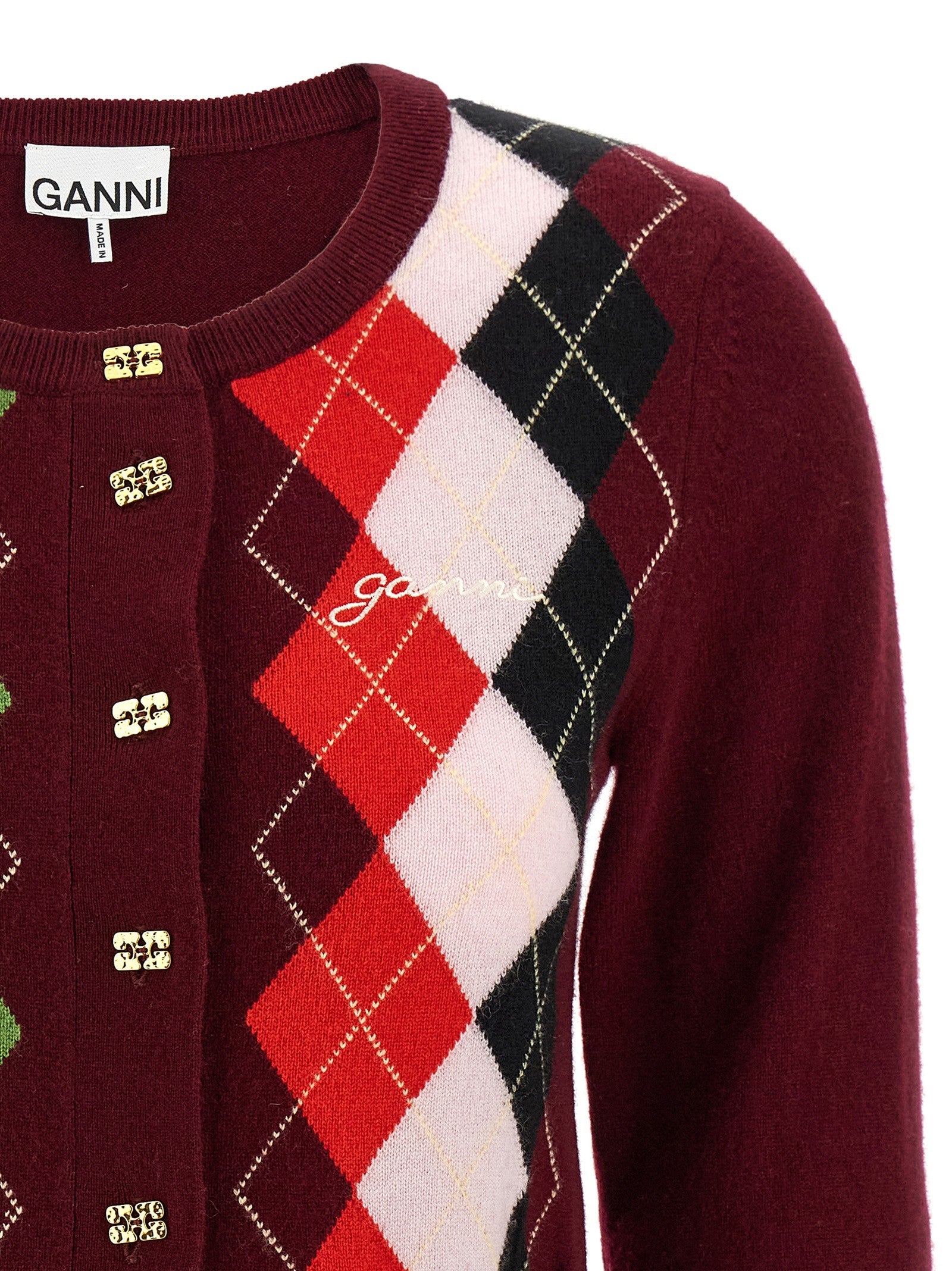 Ganni Burgundy Check Cardigan Red