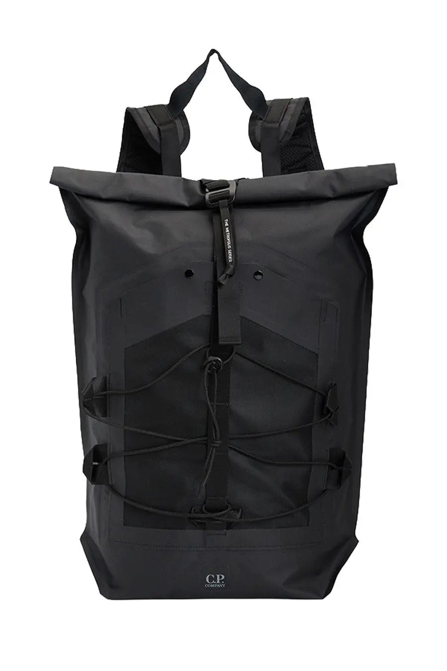 Black c.p. company men’s roll-top backpack with reinforced straps and minimalist design