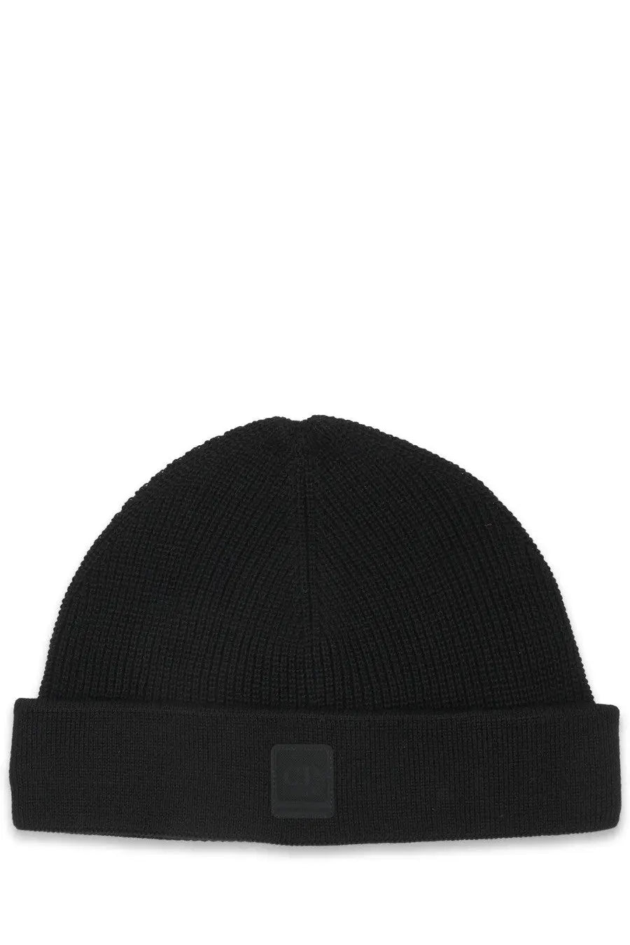 Black ribbed knit beanie with folded brim and square logo patch on front from cp company mens berretto con black