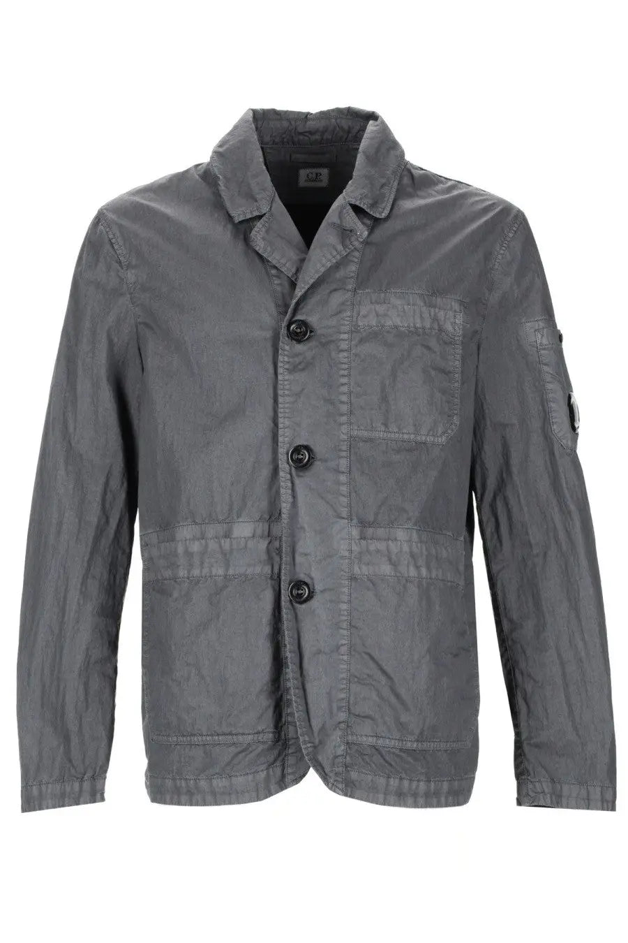 C.p. company men’s blazer fili grey cotton jacket with gray texture black buttons and subtle logo patch on sleeve