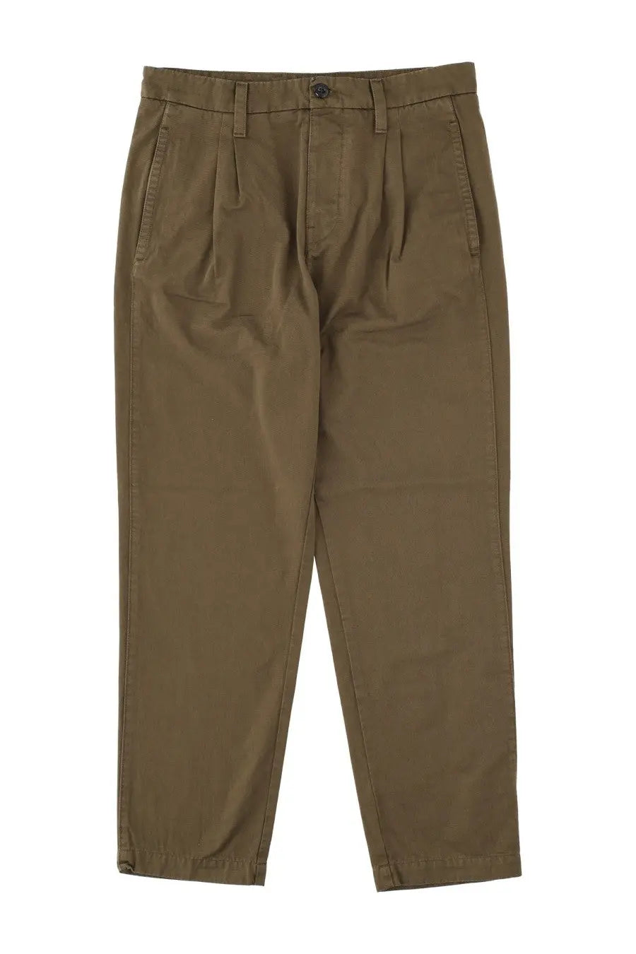 Khaki-colored C.P. Company men’s chino pants with pleats, classic button closure, and side pockets in green material