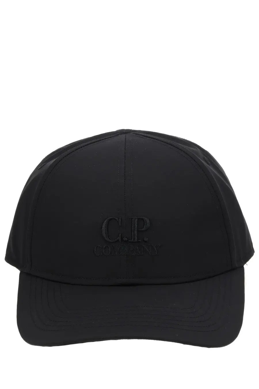 Black c.p. company men’s chrome baseball cap in black nylon with adjustable back strap shown from the back side