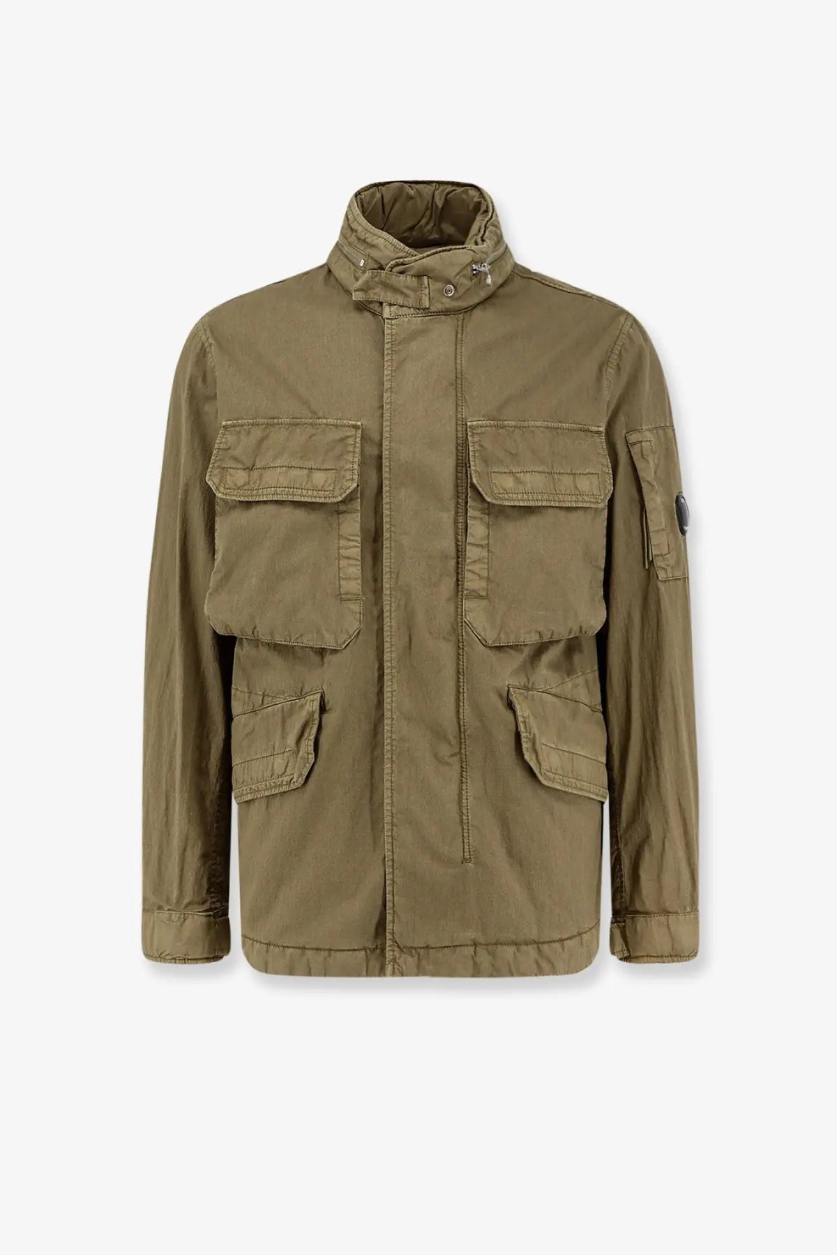 Olive green cotton blend utility jacket with multiple flap pockets and high collar by c.p. company dried herb