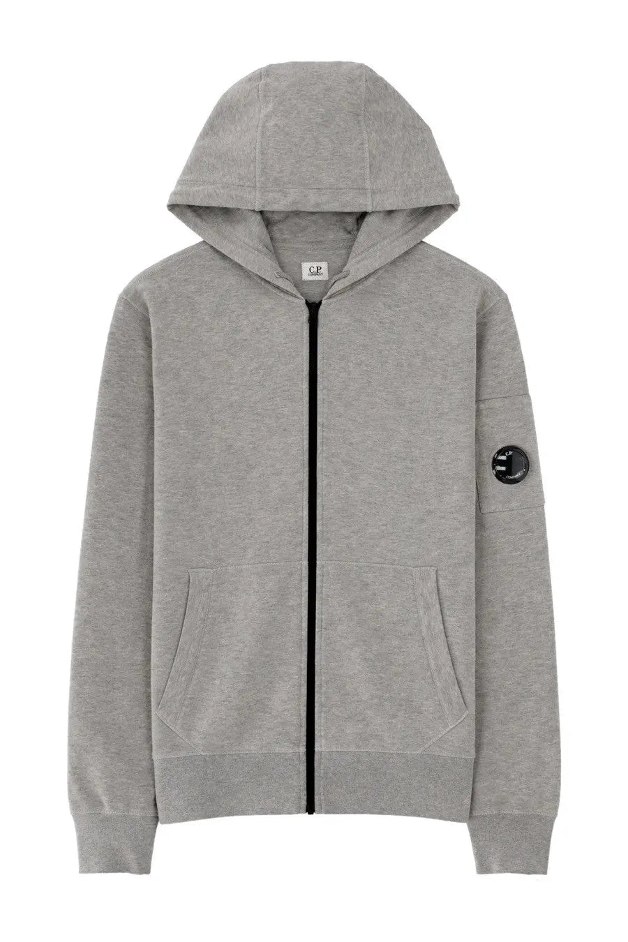 C.p. company men’s grey heathered felpa con cappuccio zip-up hoodie with black zipper and circular logo patch on sleeve
