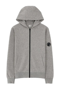 C.p. company men’s grey heathered felpa con cappuccio zip-up hoodie with black zipper and circular logo patch on sleeve