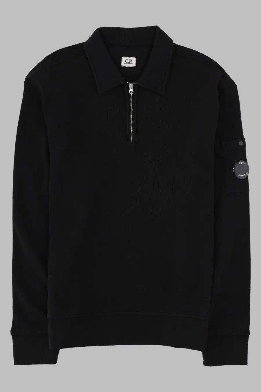 Black c.p. company men’s felpa con colletto polo zip sweatshirt in black with zip collar and logo detailing