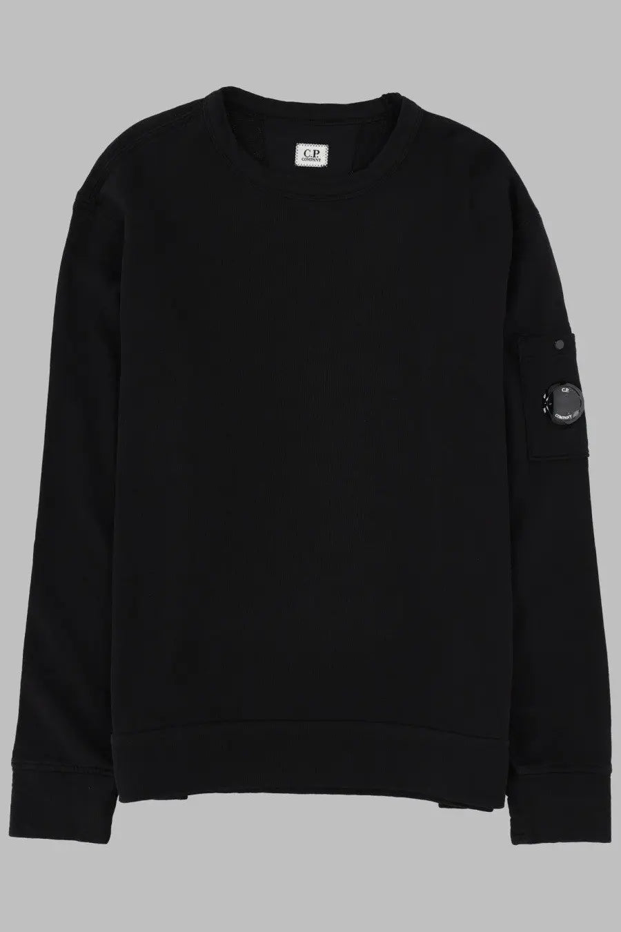 C.p. company men’s black long-sleeved crew neck sweatshirt with circular patch on left sleeve and branded collar label