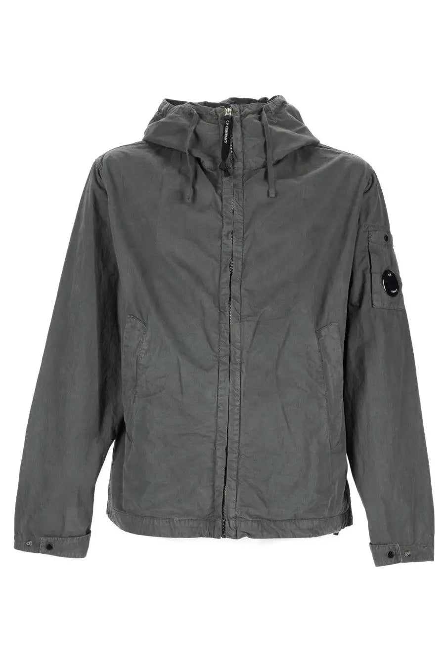 C.P. Company men’s grey giacca con cappuccio dark gray hooded jacket with zipper front buttoned cuffs and black logo on sleeve