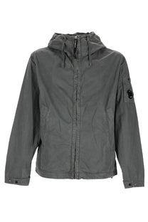 C.P. Company men’s grey giacca con cappuccio dark gray hooded jacket with zipper front buttoned cuffs and black logo on sleeve