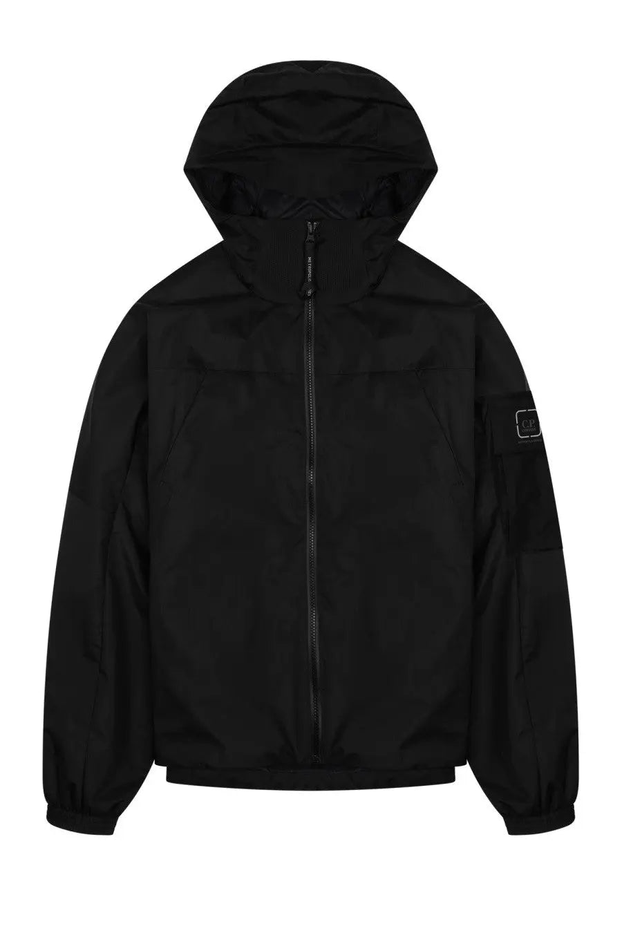 Black hooded jacket with sleek minimalist design and subtle sleeve branding from c.p. company men’s giacca metropolis