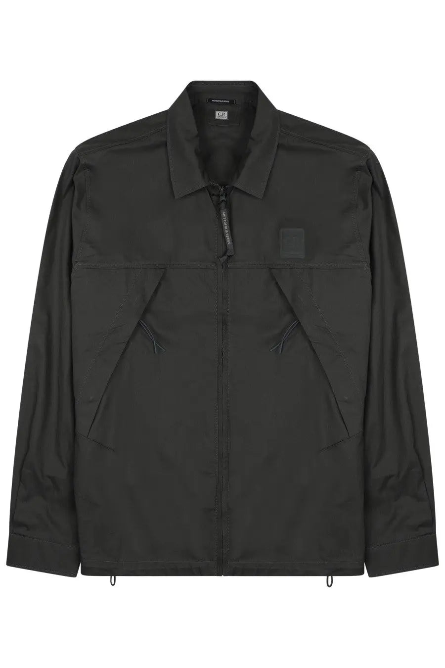 Black c.p. company men’s giacca metropolis overshirt in grey featuring durable fabric and a sleek urban design