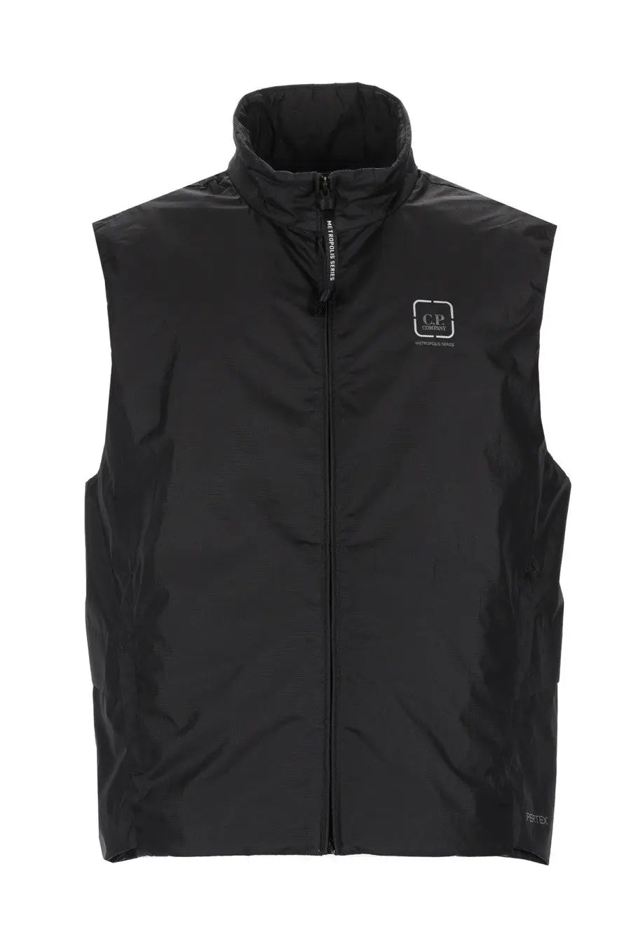 Black cp company men’s gilet con sleeveless vest with high collar and full-length zipper in black