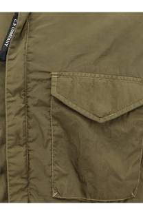 C.P. Company men’s olive green nylon shirt jacket with quilted texture and diagonal flap pocket with matching stitching