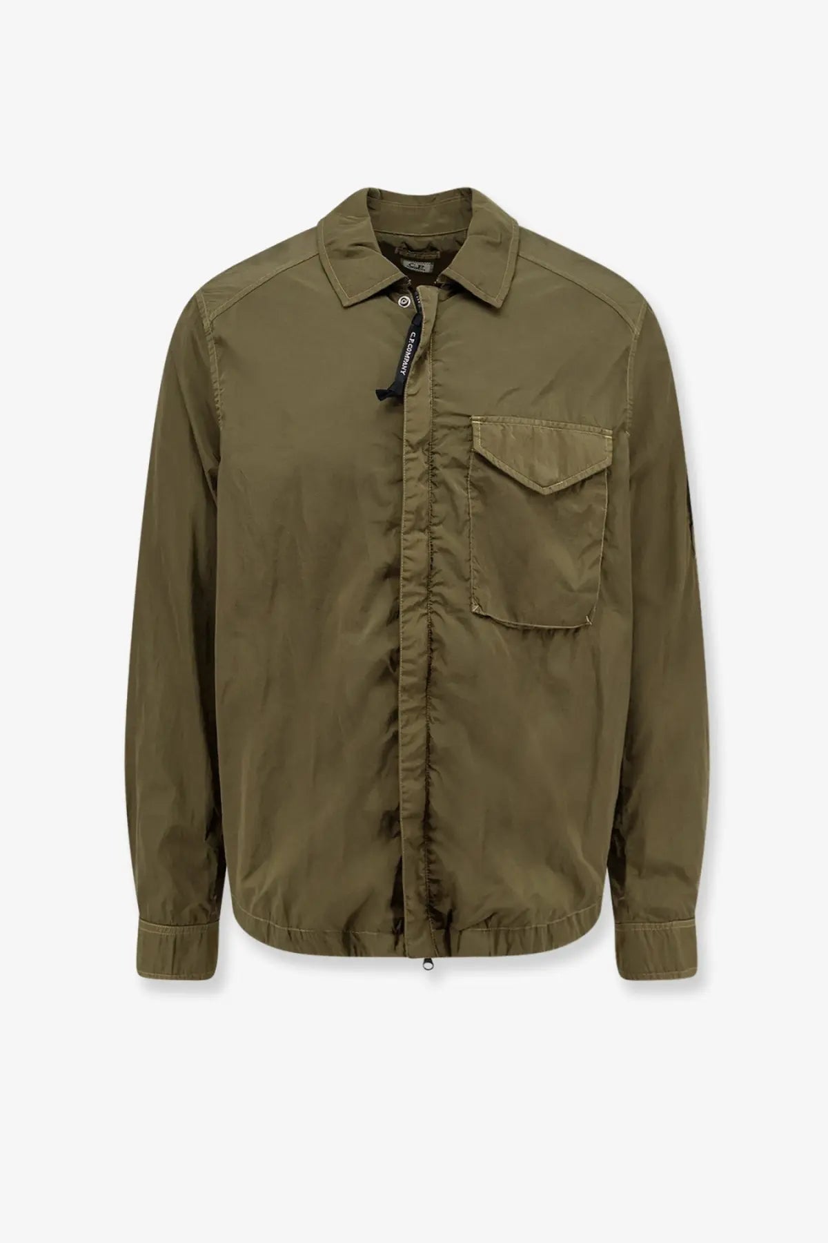 C.p. company men’s olive green nylon shirt jacket with buttoned collar chest pocket and zipper closure
