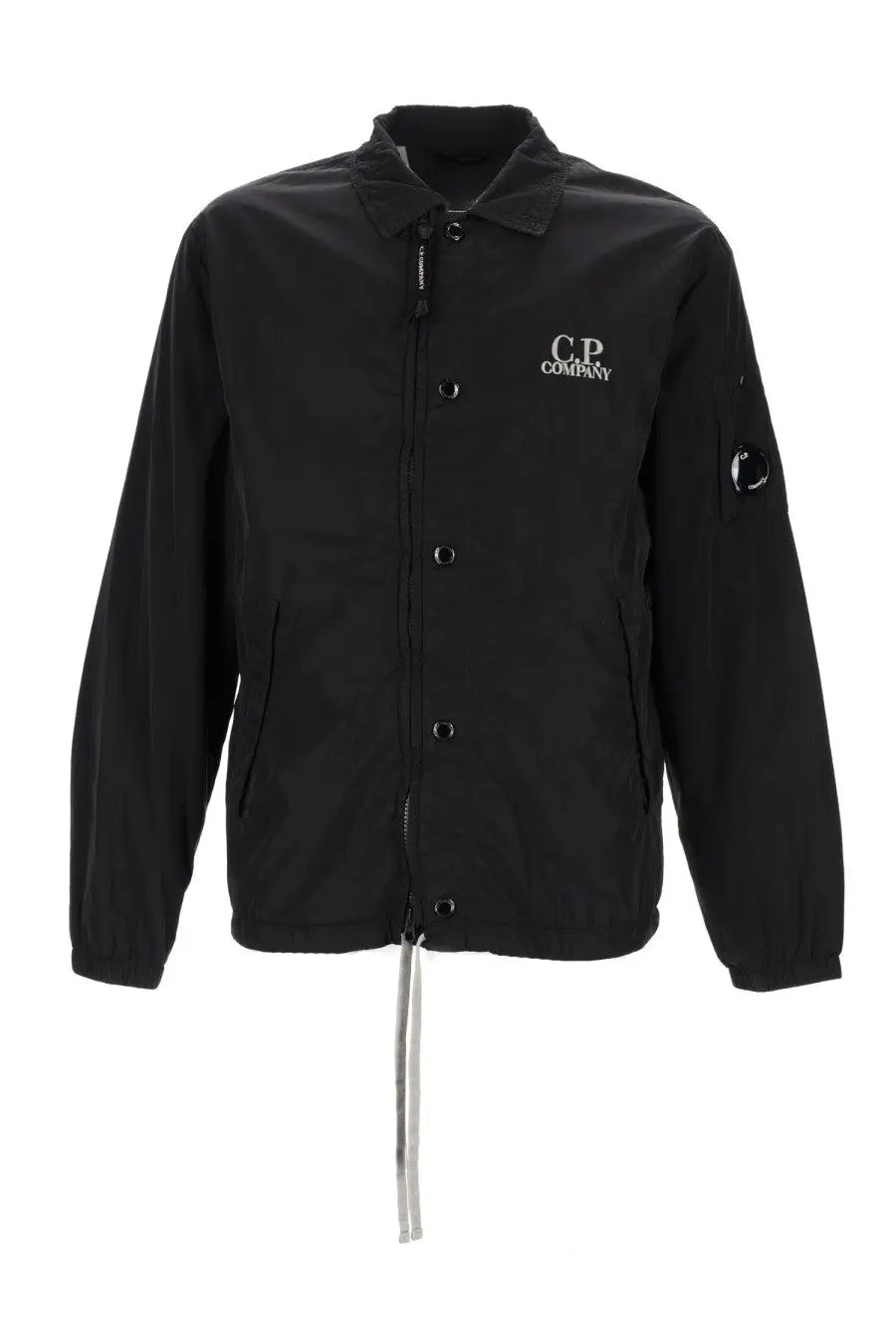 Black c.p. company men’s overshirt in chrome black showing lightweight cotton fabric and front button design