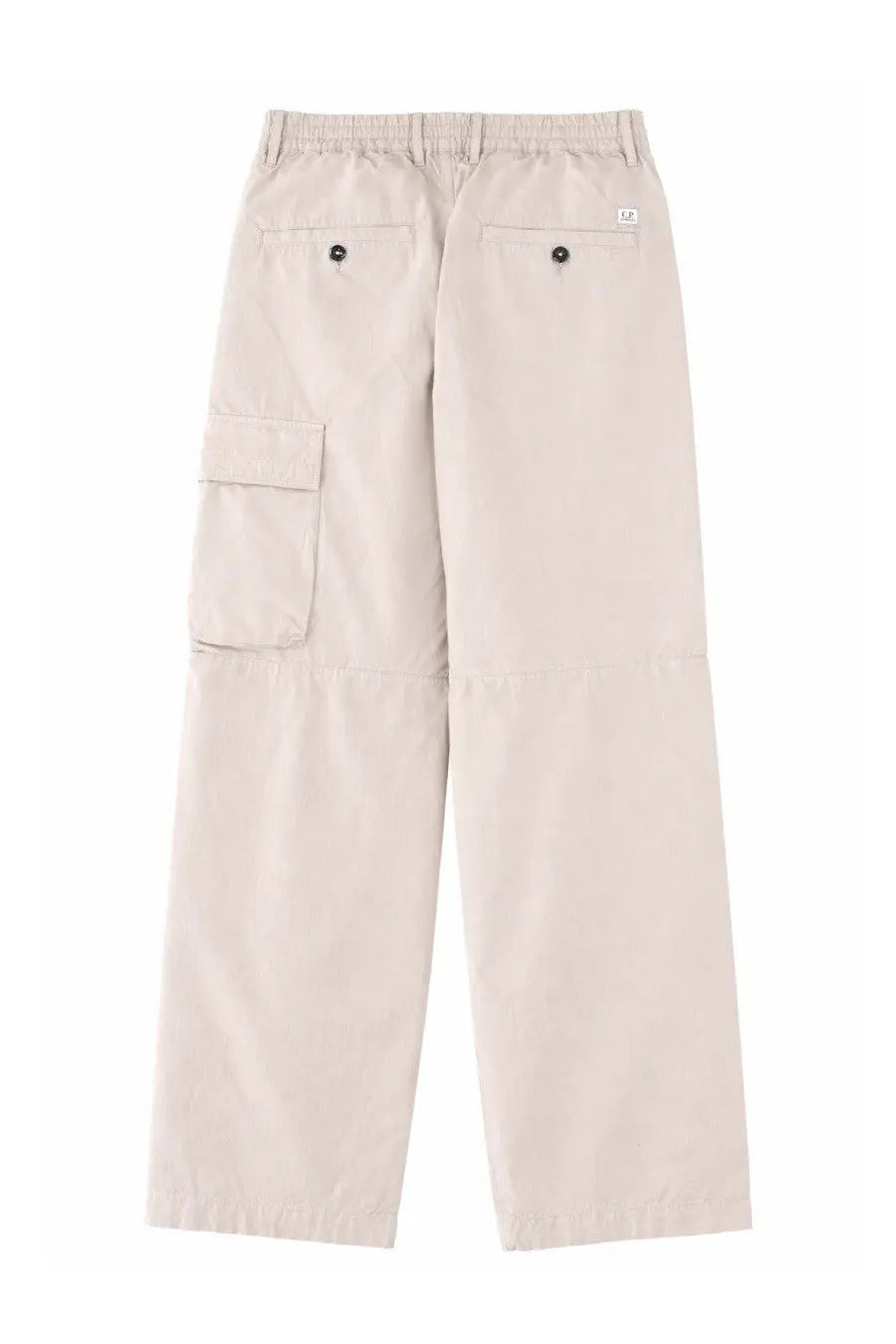 Beige cargo pants with elastic waistband and black buttoned pockets from c.p. company men’s pantalone cargo con patch