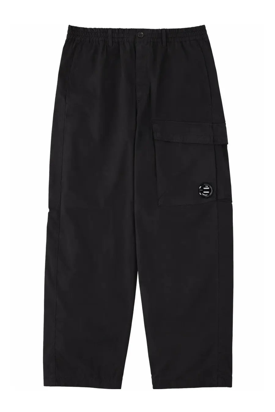 C.P. Company men’s pantalone cargo black pants with elastic waistband multiple pockets and circular thigh logo