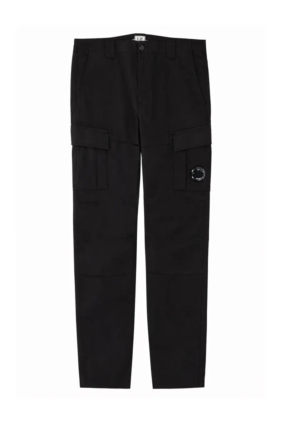 C.P. Company men’s pantalone cargo con patch black cargo pants with sleek design and circular metal hardware on side pocket