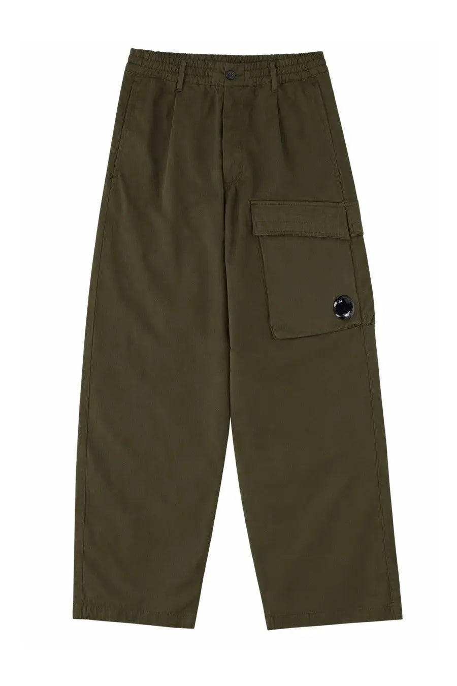 C.p. company men’s pantalone cargo green olive green relaxed fit pants with buttoned waistband and logo patch pocket