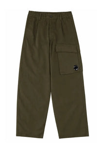 C.p. company men’s pantalone cargo green olive green relaxed fit pants with buttoned waistband and logo patch pocket