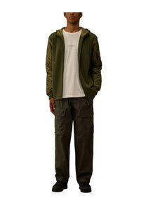 Olive green quilted bomber jacket with hood and front zipper from c.p. company men’s pantalone cargo collection