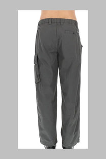 Dark gray cotton cargo pants for men by c.p. company with elastic waistband and multiple pockets
