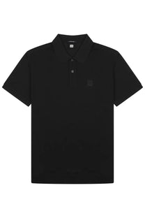 Black short-sleeved polo shirt with subtle textured fabric and small square logo on left chest by C.P. Company