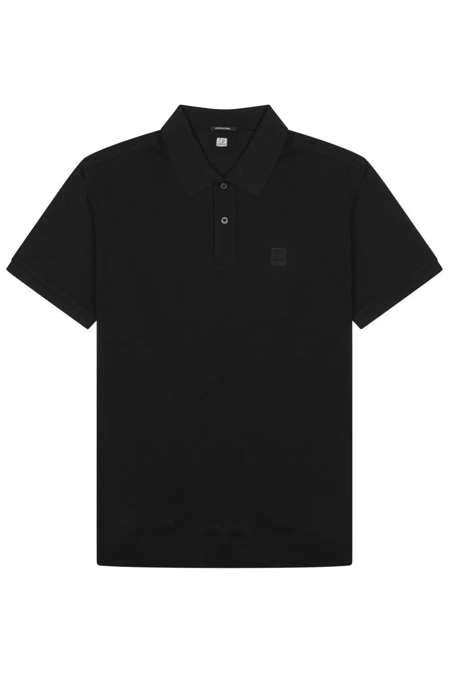 Black short-sleeved polo shirt by c.p. company with subtle textured fabric and small square logo on left chest
