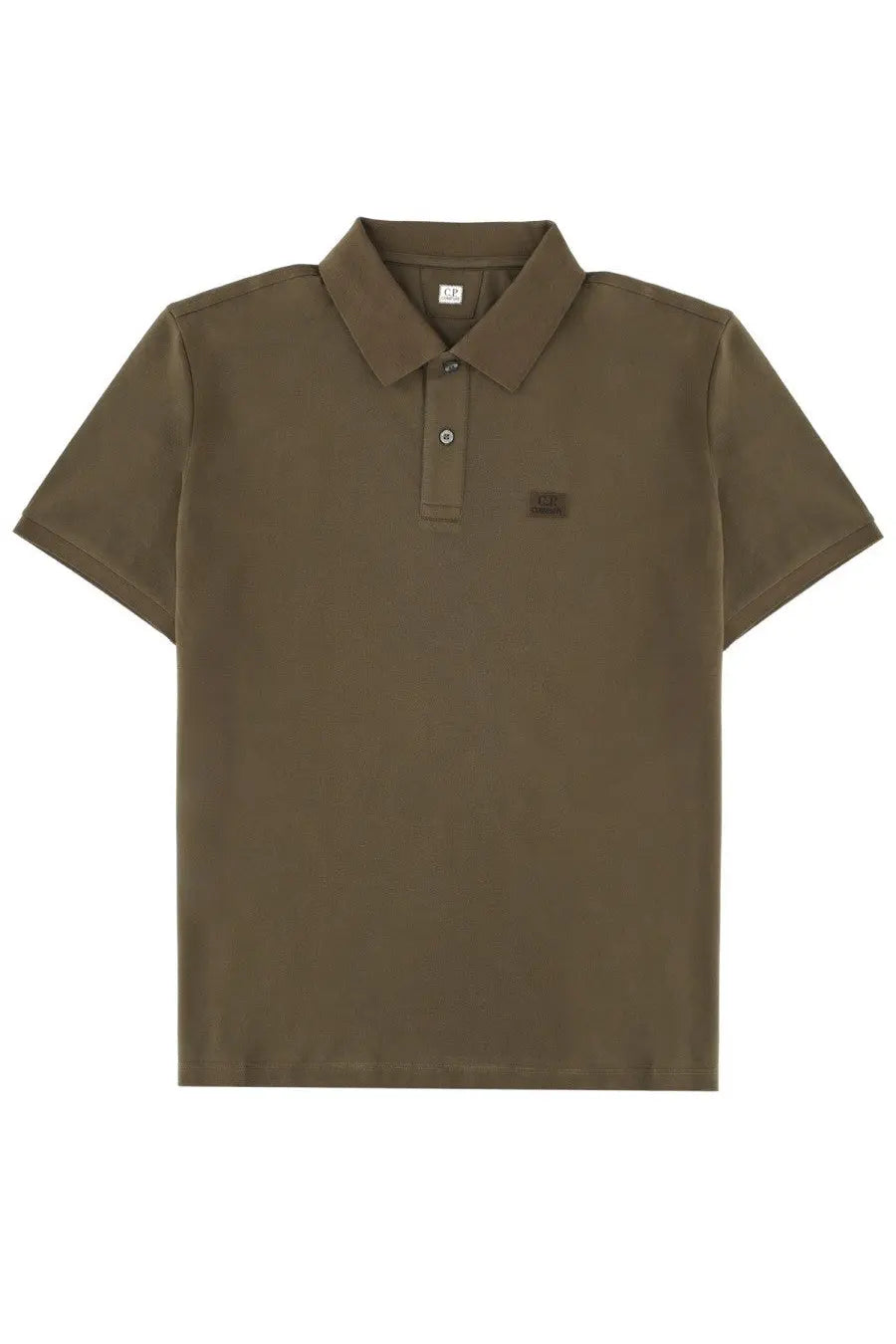 Olive green short-sleeved polo shirt by c.p. company with subtle textured fabric and small dark logo on left chest