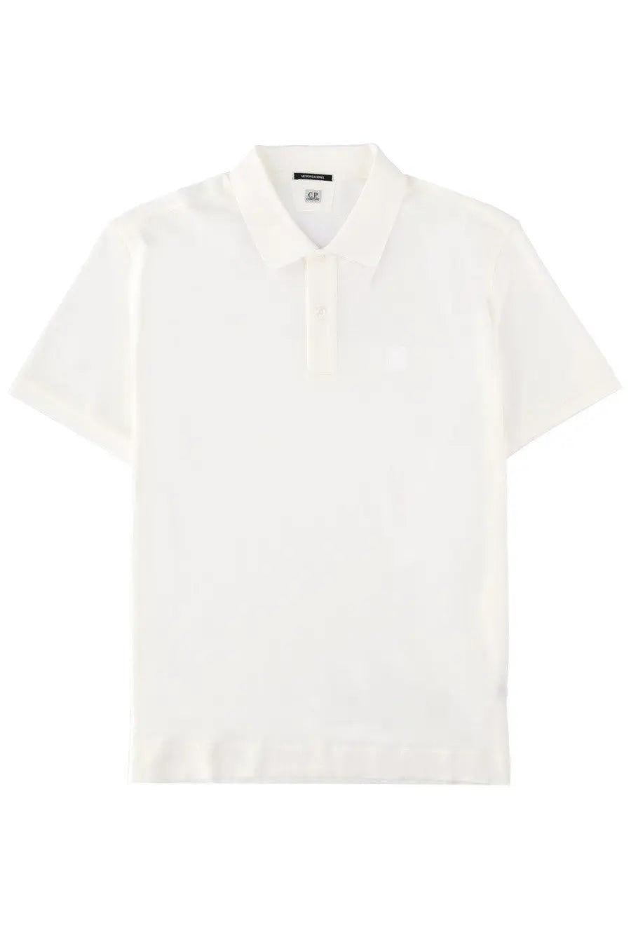 C P Company men’s white short-sleeved polo shirt with classic collar and subtle embroidered logo on the chest